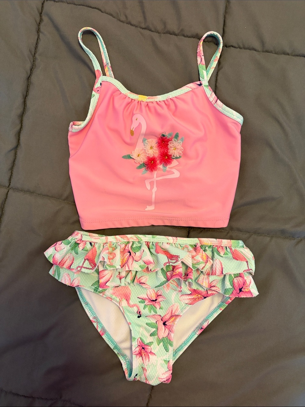 Crown & Ivy Pink Flamingo Tankini with Mint Floral Ruffled Bottoms size 4T